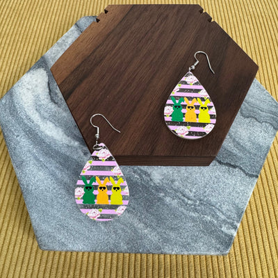 Acrylic Dangle Teardrop Earrings - Trio Bunny Floral Stripe - Winter Sunshine Marketplace