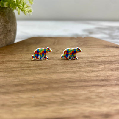 Acrylic Stud Earrings - Autism Awareness - Bear Puzzle - Winter Sunshine Marketplace