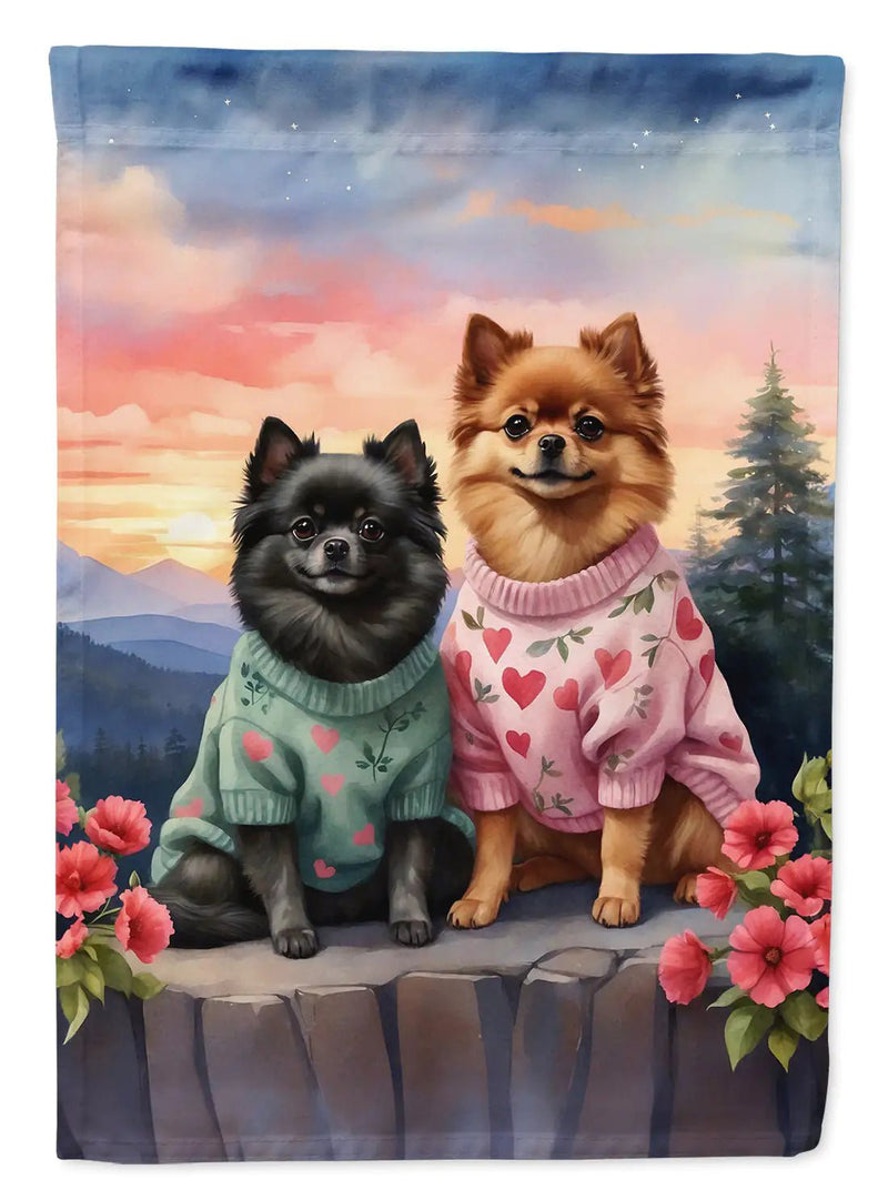 Pomeranian Two Hearts Garden Flag - Winter Sunshine Marketplace